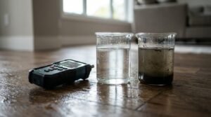Digital moisture meter resting next to two glass beakers filled with clean water and muddy flood water on a hardwood floor.