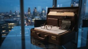 Close-up photograph of an open brown leather briefcase containing file folders, a calculator, a pen, and reading glasses resting on a stack of documents on a glass conference table with a city skyline at dusk in the background.