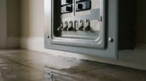 Indoor electrical breaker panel mounted on a wall just above a flooded tile floor with standing water during a household emergency or utility hazard.