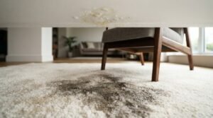 Photograph of a water-damaged living room ceiling showing a leaking spot and peeling paint directly above a stained, wet carpet and armchair, highlighting ceiling leaks and residential water damage restoration needs.