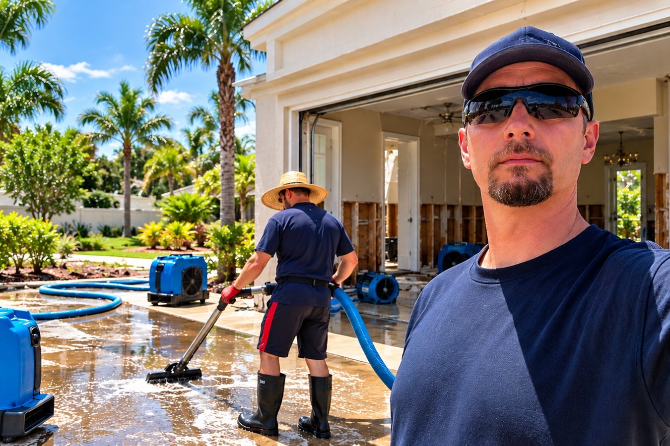 Water damage restoration technician using professional water extraction equipment to remove standing water from a flooded home's interior, with industrial air movers, blue hoses, and drying equipment visible in a sunny tropical residential setting.