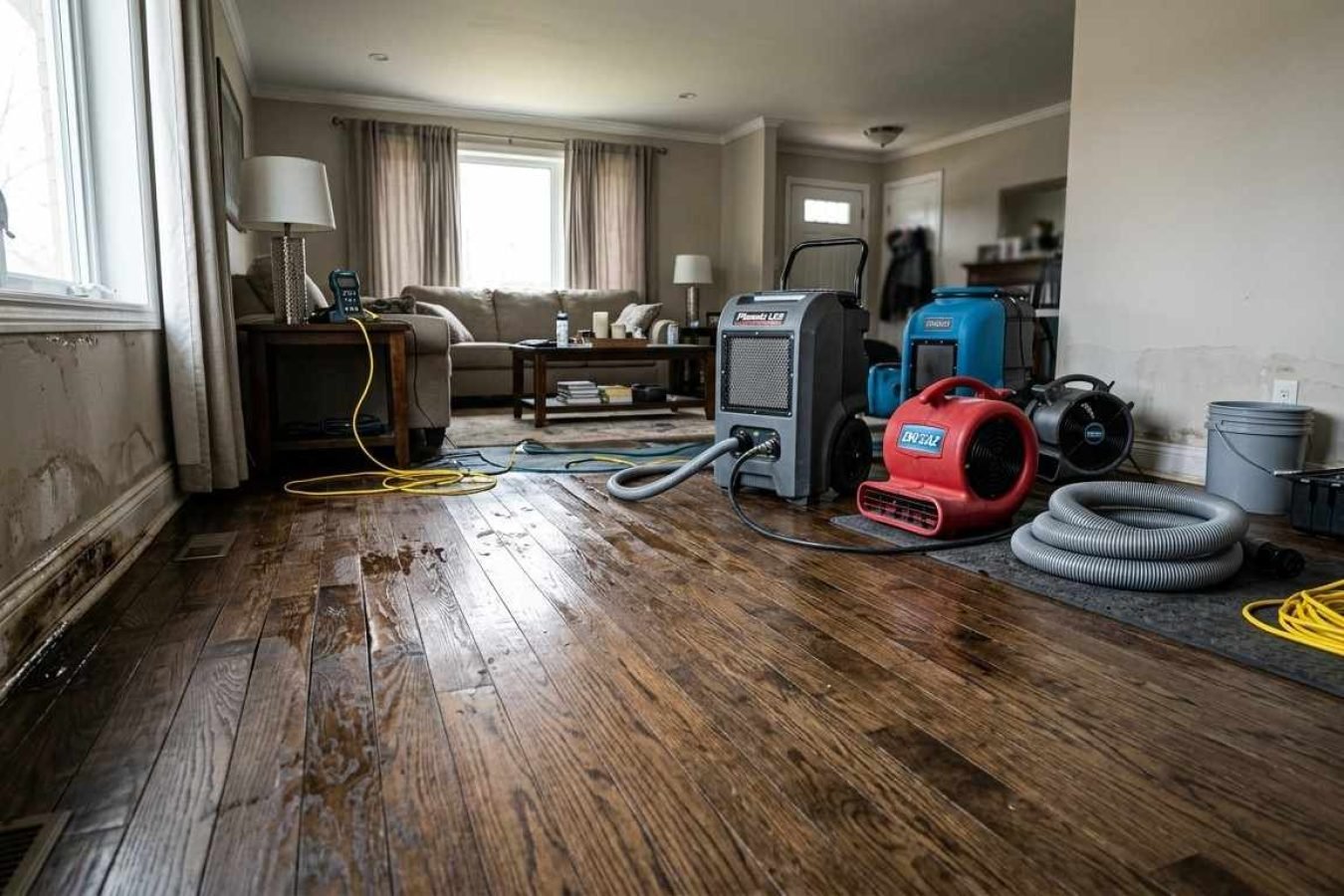 Professional water damage restoration equipment with air movers, dehumidifiers, hoses, and extraction tools set up inside a residential living room.