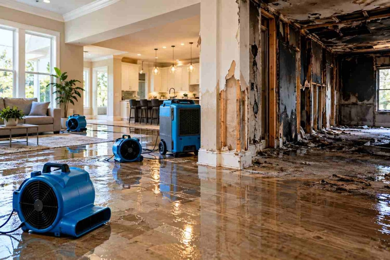 Water-damaged home interior with standing water, commercial air movers and dehumidifiers, exposed burned walls, and restoration equipment.