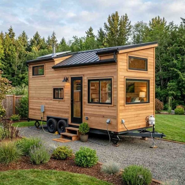 Tiny home on wheels with wood siding and metal roof
