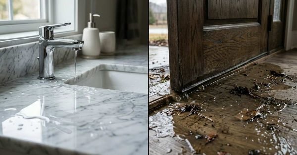 Side-by-side comparison split image showing an overflowing indoor marble sink faucet on the left and muddy outdoor flood water pooling across a wooden entryway threshold on the right.