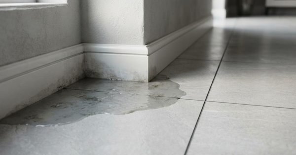 Close-up photograph of a puddle of water pooling on light gray ceramic floor tiles against a white baseboard with visible water damage and mold near a wall corner.