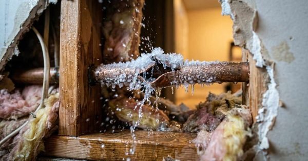 A frozen and burst copper plumbing pipe leaking water and covered in ice crystals inside an exposed wall cavity with damaged drywall and fiberglass insulation.