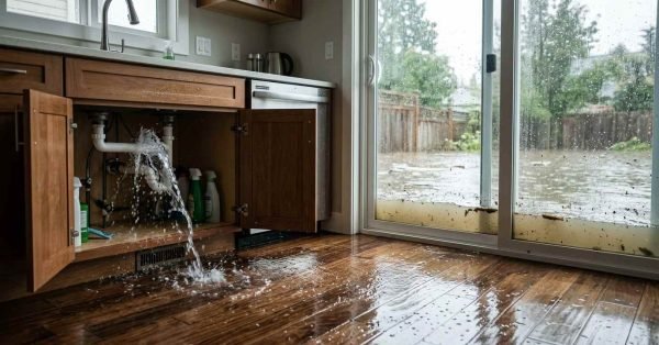 itchen sink plumbing pipe bursting and leaking water onto a wooden floor while heavy floodwaters submerge the backyard outside sliding glass doors.