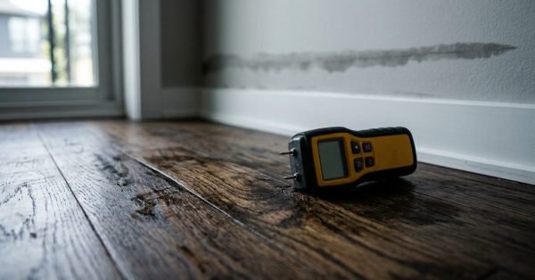 Pin-type digital moisture meter resting on a water-damaged hardwood floor next to a damp interior baseboard and wall during professional flood restoration.