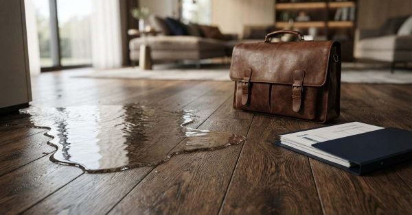 Close-up photograph of water pooling and spreading across a dark hardwood plank floor near a brown leather briefcase and documents in a staged living room.