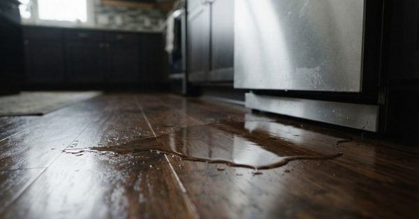 Close-up photograph of a puddle of water leaking from an appliance onto dark hardwood floorboards in a residential kitchen.