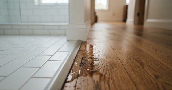 Close-up photograph of water leaking from a tiled bathroom floor threshold onto an adjoining wooden hallway floor, highlighting residential water damage and bathroom waterproofing issues.
