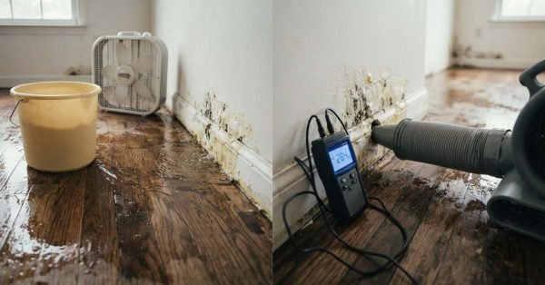 Split-view photograph showing water damage and mold growth on a baseboard with a bucket and box fan on the left, and a digital moisture meter testing a damp wall next to an air mover hose on a dark hardwood floor on the right.
