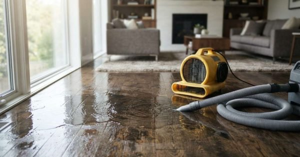 Industrial air mover fan and extraction vacuum hose actively drying a flooded hardwood floor inside a residential living room during water damage restoration.