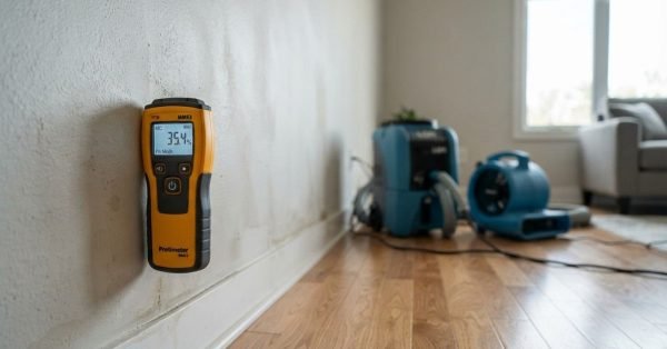A yellow digital moisture meter displaying a high reading of 35.4% on a damp interior drywall surface, with commercial water damage restoration air movers and dehumidifiers operating in the background.