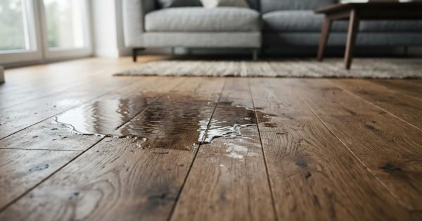 Close-up photograph of a puddle of water seeping into the seams of a dark brown hardwood plank floor in a modern living room with a sofa in the background.