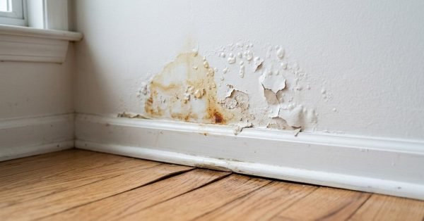 Severe water damage on a residential interior drywall featuring bubbling paint, water stains, mold growth, peeling wallpaper, and warped hardwood flooring near a baseboard and window corner.