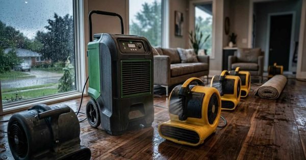 Photograph of commercial water damage restoration equipment—including an industrial dehumidifier and multiple yellow and black air movers—operating on a wet hardwood floor in a residential living room during a storm, highlighting professional structural drying and flood mitigation services.