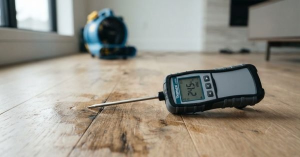 A Tramex digital moisture meter with a probe resting on a damp, water-damaged hardwood floor, showing a reading of 24.5%, with a blue air mover blower operating in the background.