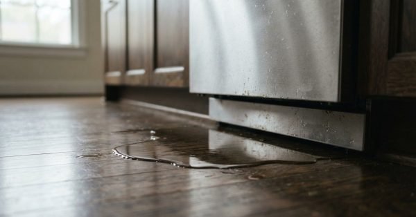 Close-up photograph of a water leak pooling on a dark hardwood kitchen floor directly beneath a stainless steel appliance, highlighting domestic water damage and plumbing overflow issues.