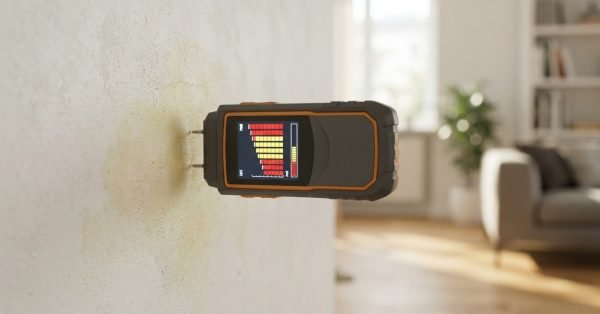 Close-up photograph of a digital moisture meter with pin probes pressed into a light-colored wall with water staining, displaying a graphic indicator screen with high moisture level bars.