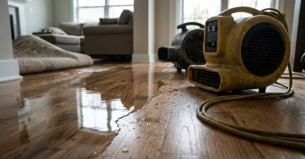 Industrial air movers and commercial floor dryers operating on a standing water-damaged hardwood floor inside a living room with rolled-up rugs during water damage restoration and cleanup.