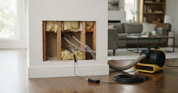 Professional wall cavity drying system and moisture meter monitoring equipment set up in an open cutout of a residential wall during water damage restoration.