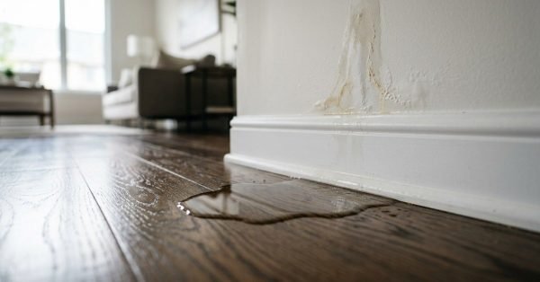 Close-up photograph of water pooling on a dark hardwood floor and seeping from a wet drywall baseboard, highlighting residential plumbing leaks and structural water damage restoration needs.