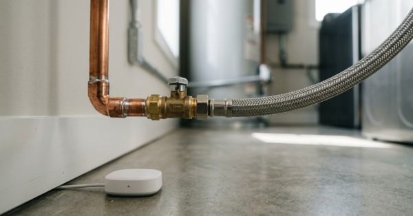 Copper water supply pipe connected to a braided stainless steel hose with a brass shut-off valve and a smart leak detection sensor on the floor near the baseboard.