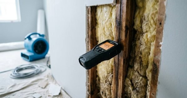Digital moisture meter testing a water-damaged wooden wall stud inside an exposed framing cavity with fiberglass insulation during professional structural drying and flood restoration.